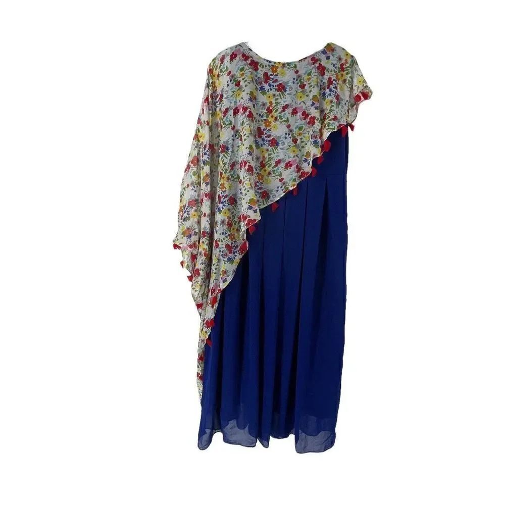 Kurta Dress Maxi Layered Blue Red Floral Tassel Womens Bohemian Boho Size Small